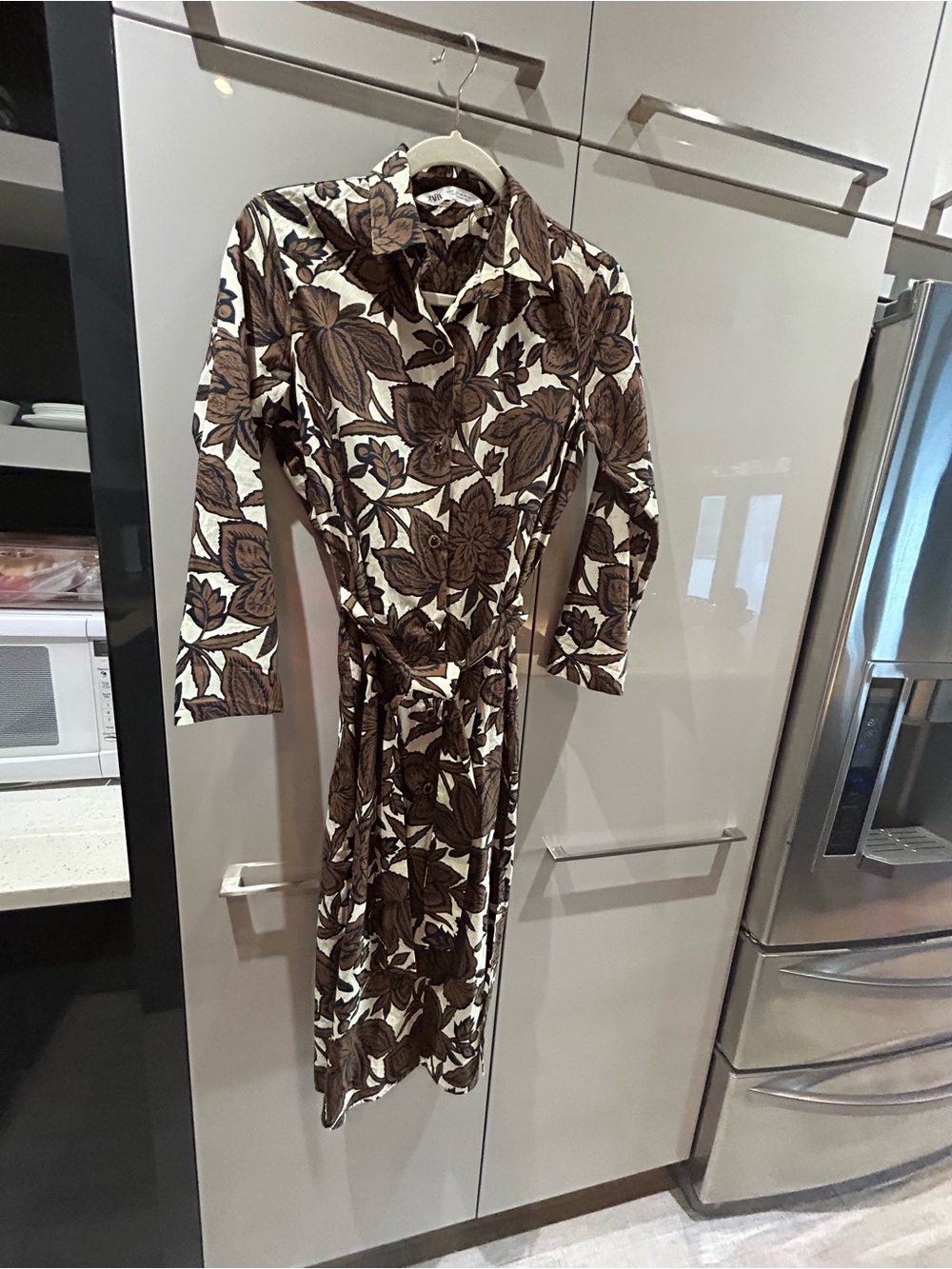 Zara Cream and Brown Floral Midi Shirt Dress